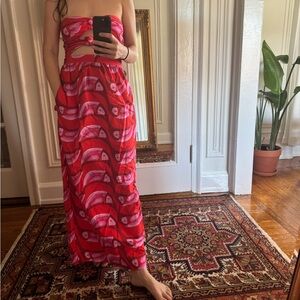 FARM Rio Red and Pink Strapless Dress